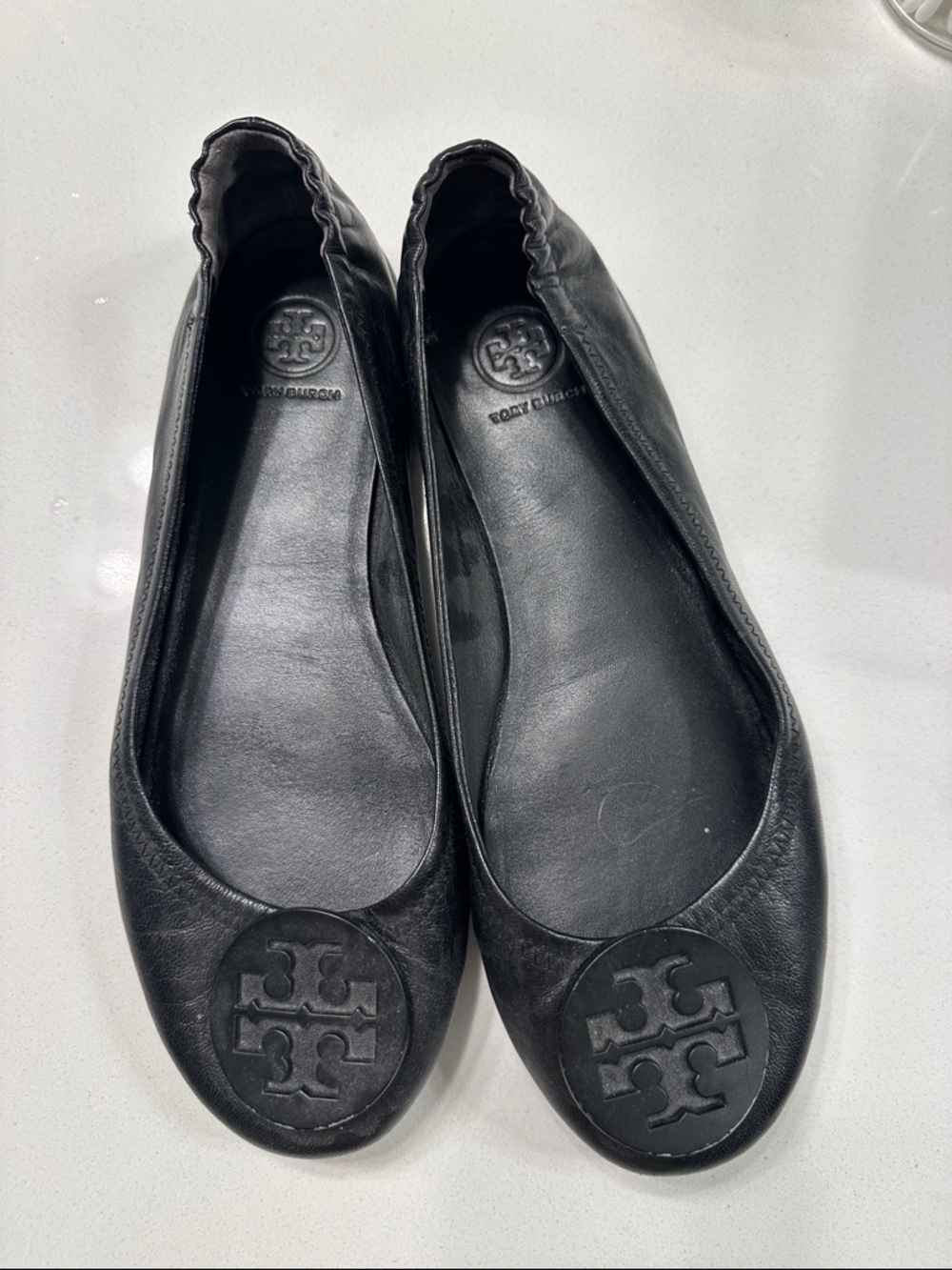 Tory Burch Black Leather Logo Round-Toe Ballet Flats